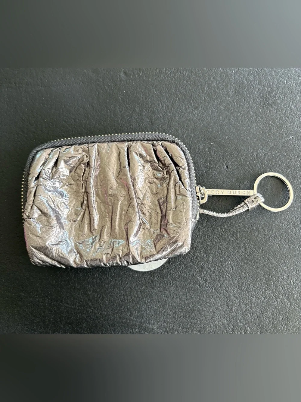 Tory Burch Metallic Crinkled leather Silver Zip Pouch